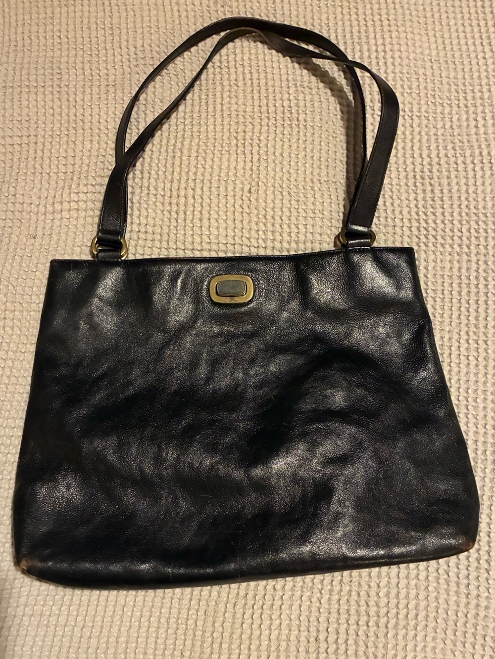 Hobo Black Leather Shoulder Bag with Brass Accent